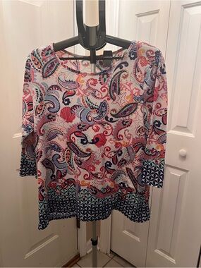 Paisley-Print Boatneck Tunic Top in Pink & Navy